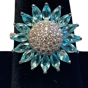 Blue and Silver Floral Ring 925 sterling silver Size 9